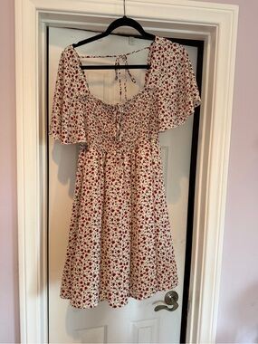 White Floral Tie-Front Dress with Red Print